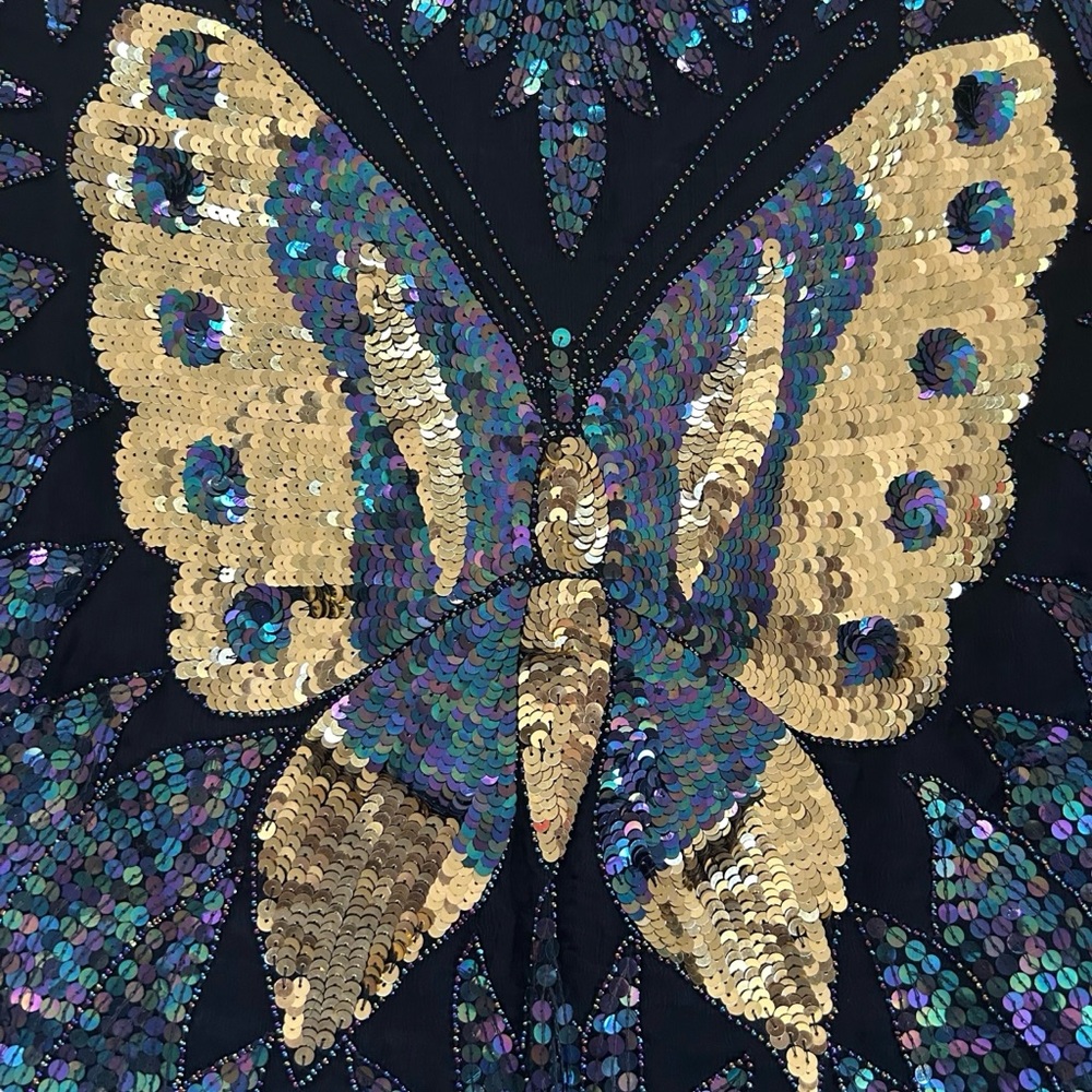Vintage 70s Dark Rainbow & Gold Sequin Butterfly Top 100% Silk Festival Boho OS - Picture 13 of 17